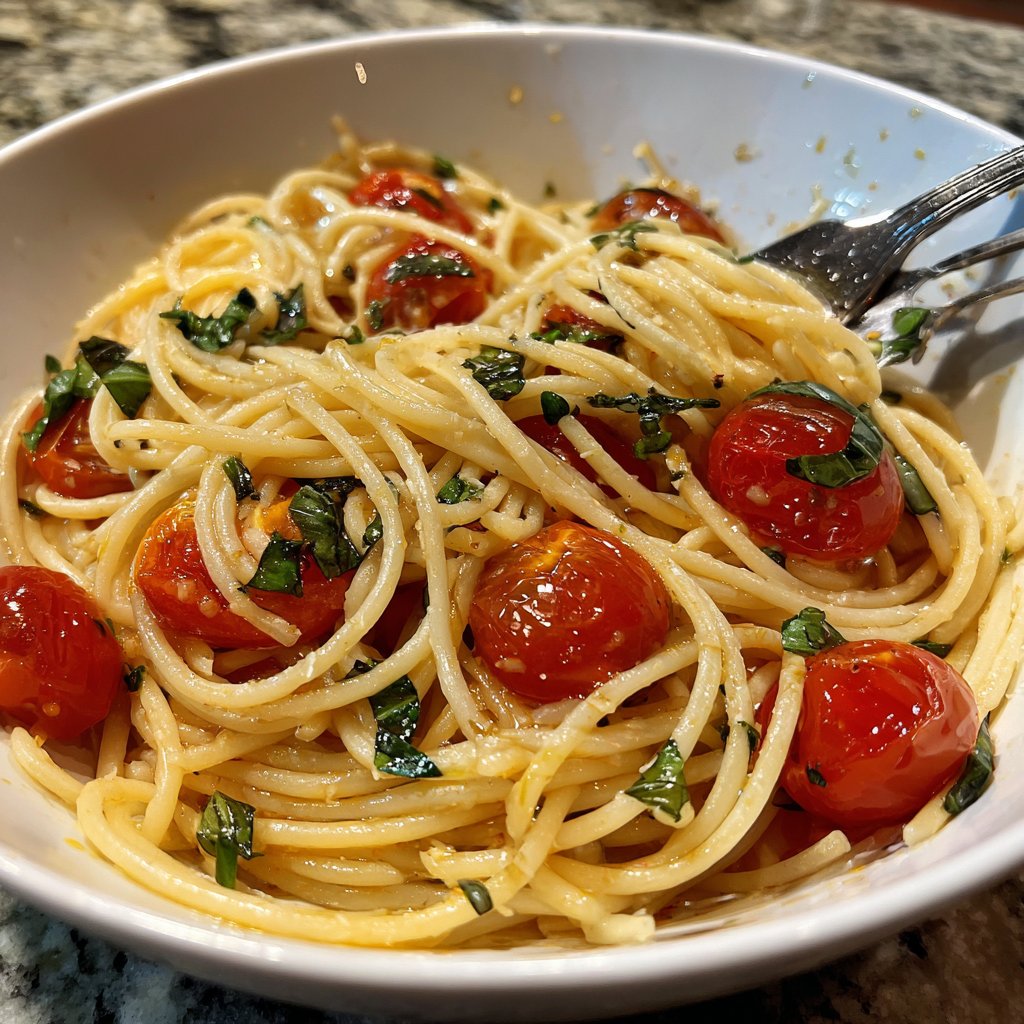 Spaghetti mit Tomaten und Basilikum