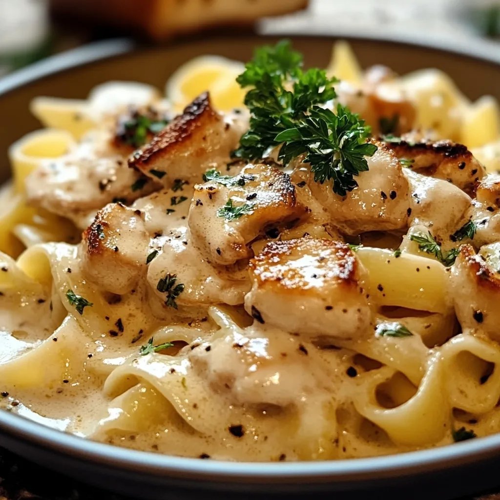 Zarte Hähnchenstreifen mit cremigen Nudeln in sahniger Sauce