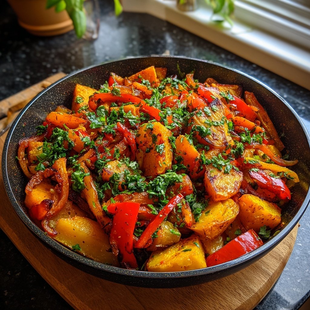 Vegetarisches Abendessen mit Süßkartoffelpfanne